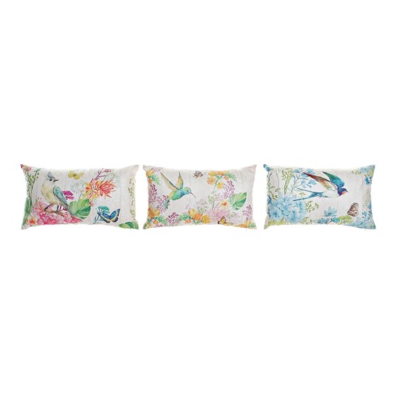 Coussin DKD Home Decor Jaune Bleu Rose Coton Lin Oiseau (3 pcs) (50 x 30 x 12 cm)